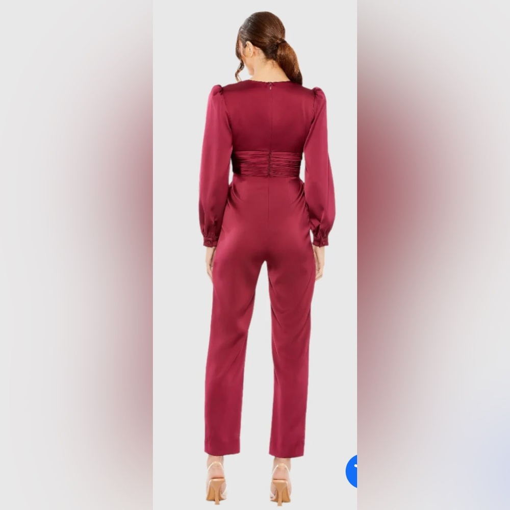 Ieena for Mac Duggal Red Front Twist Puff Sleeve Deep V Jumpsuit - Picture 2 of 12